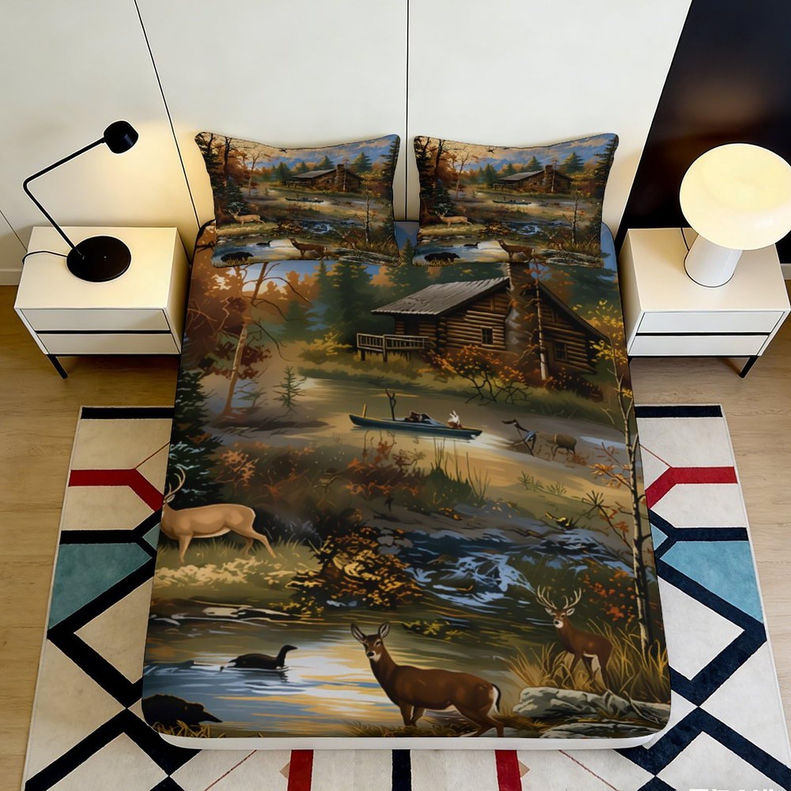 3D Printed Forest Cabin Fitted Sheet Microfiber Rustic Deer Lake Bed Cover for Bedroom Guest Room Decor 90x200x25cm