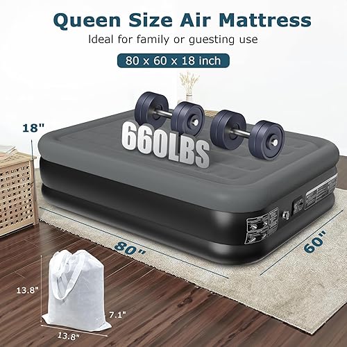 Miniatura 5 de Colchón de aire Queen de 18 pulgadas con bomba integrada, colchón inflable de lujo, colchón de aire Queen duradero con bomba integrada, colchón