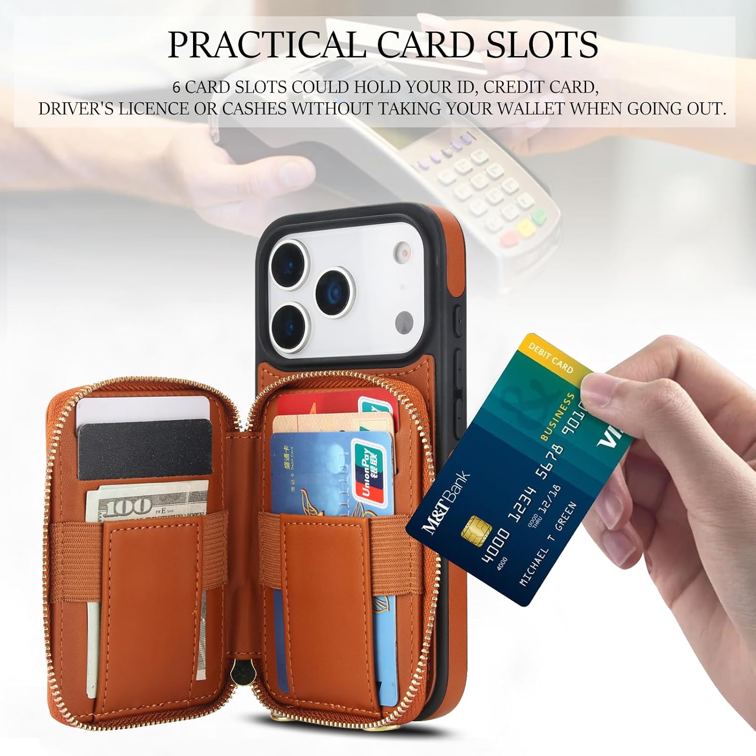 RFID Blocking Crossbody Zipper Wallet Leather Phone Case for iPhone 17 Pro Max Women (Brown)