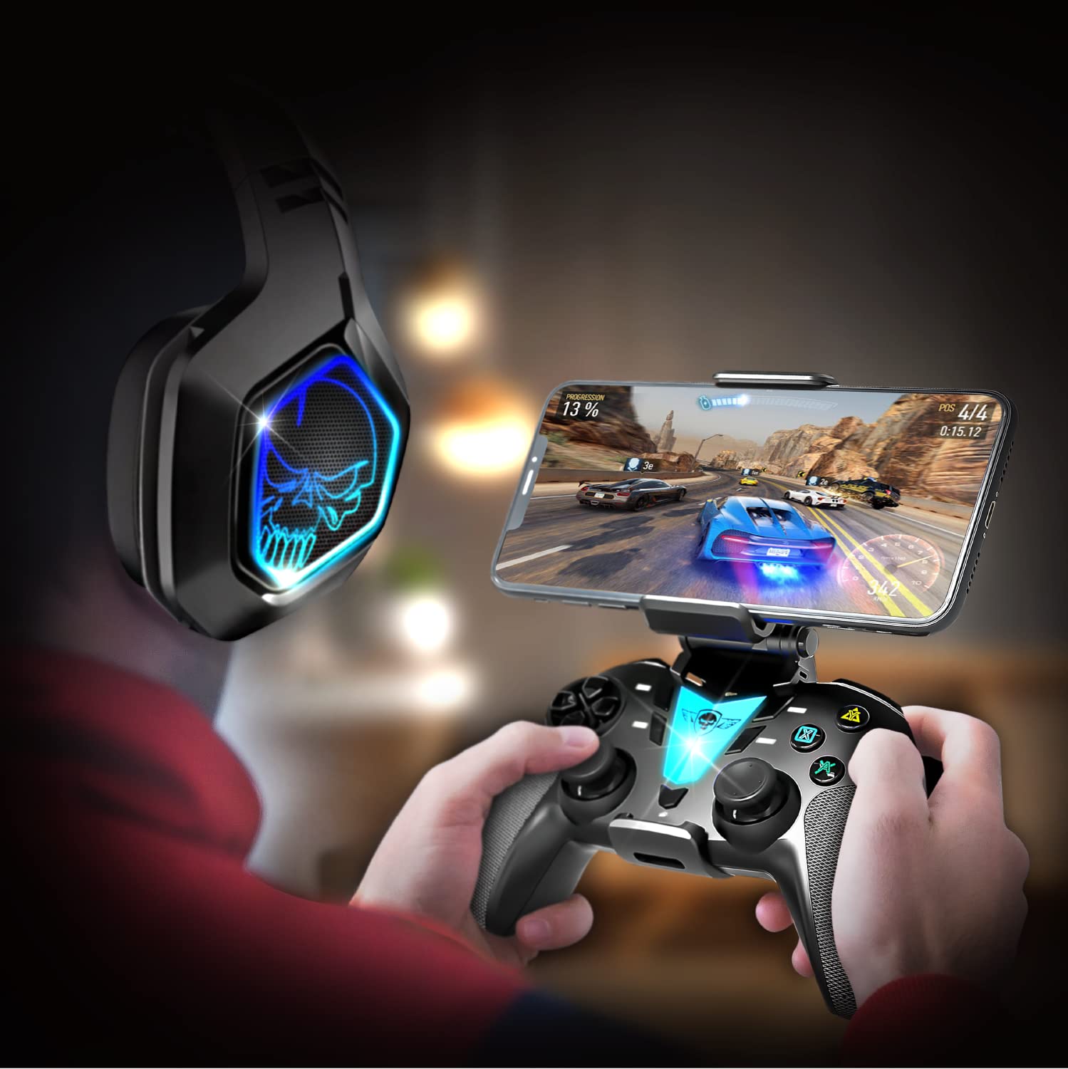 Controller per Telefono Android Bluetooth con Tasto Programmabile + Supporto Smartphone | Compatibile con Iphone, Apple TV, IOS, Android, PS4, PS3 e PC | Gioca a Fortnite, Call of Duty su Cellulare