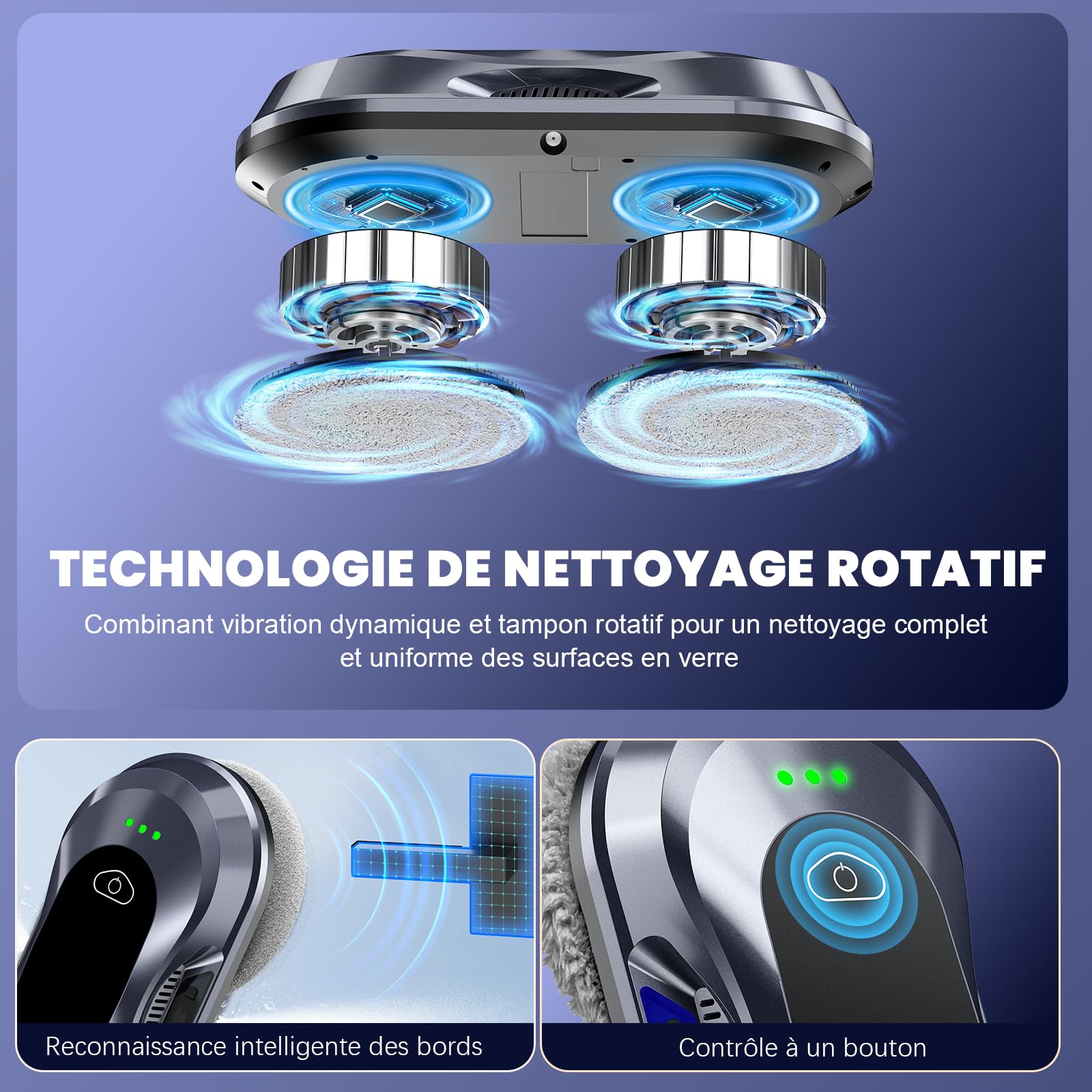 Robot Laveur de Vitre Automatique, 6000 Pa d'aspiration, Robot Nettoyeur de Vitres,Nettoyage à Double Hélice, Détection des Bords, 3 Modes de Nettoyage, avec 10 Chiffons de Nettoyage