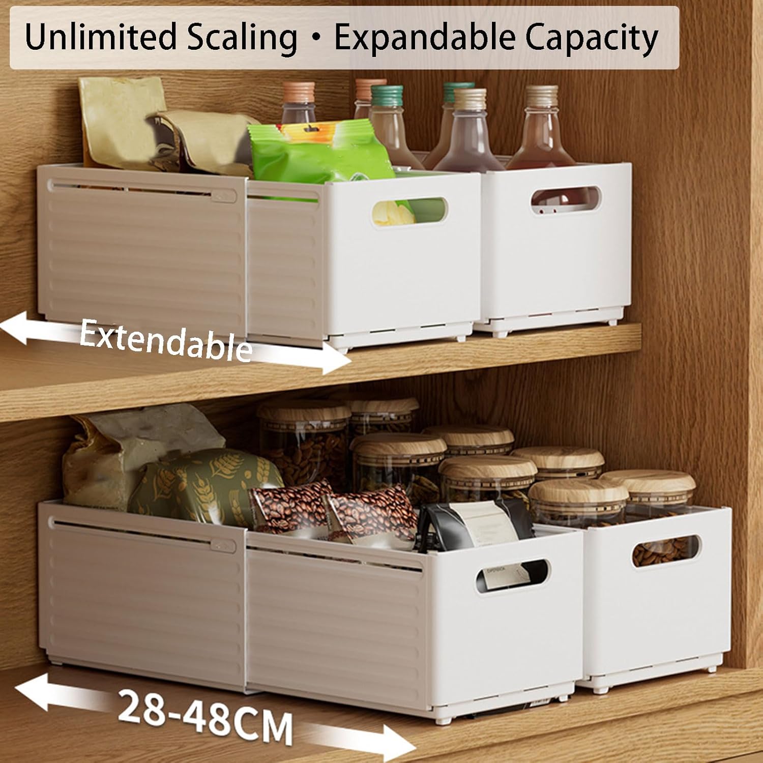 Extendable Foldable Storage Bins - Stackable Pull-Out Cabinet Organizer, Adjustable Depth 28-48cm for Kitchen Utensils, Bedroom, Tools, and Closet Storage Solutions