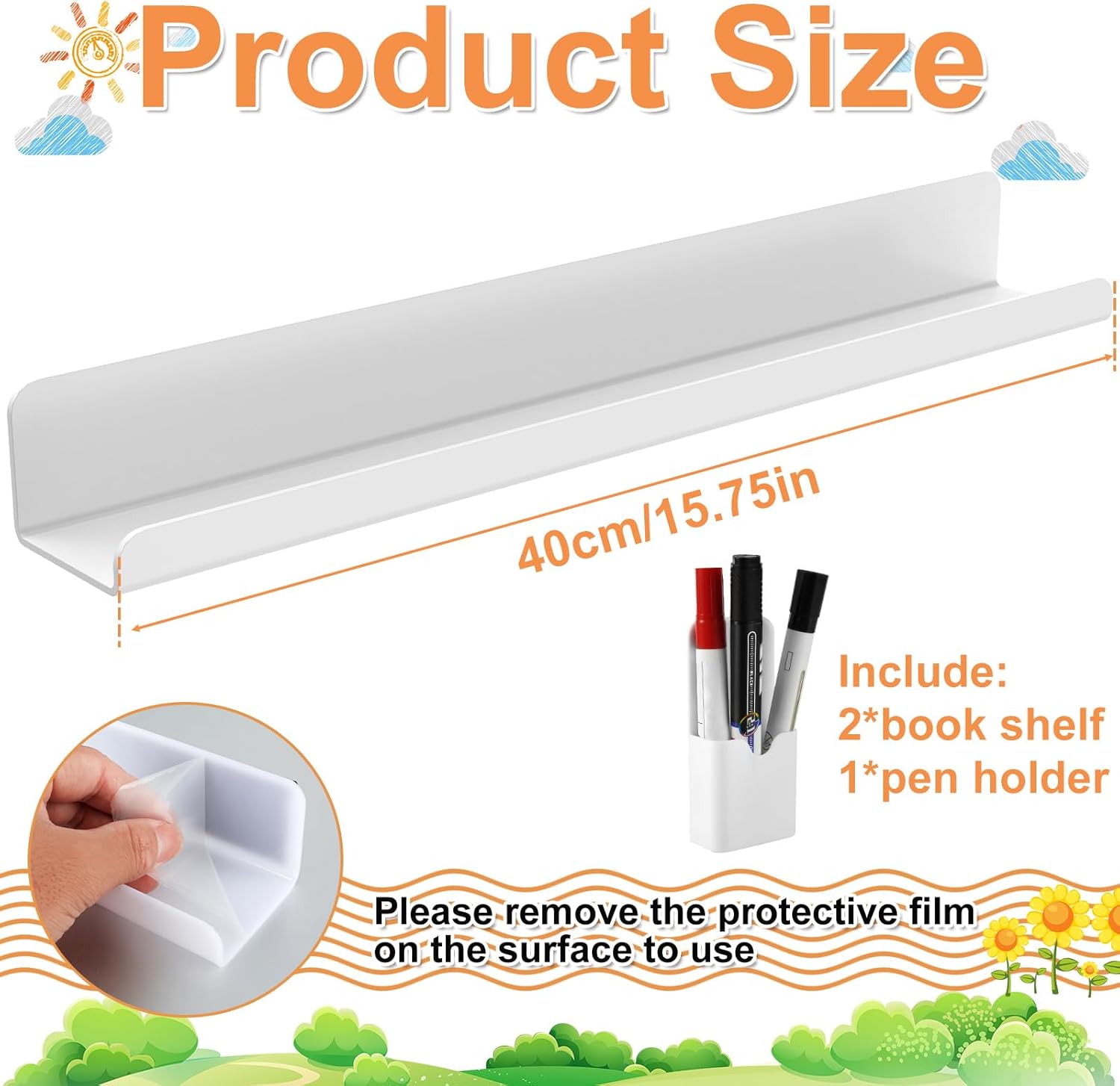 2Pcs Magnetic Book Shelf 17inch Acrylic Whiteboard Holder with Pen Container Fridge Floating Spice Rack Seasoning Bottles Organizer for Kitchen Wardrobe Kids Room Classroom(White)