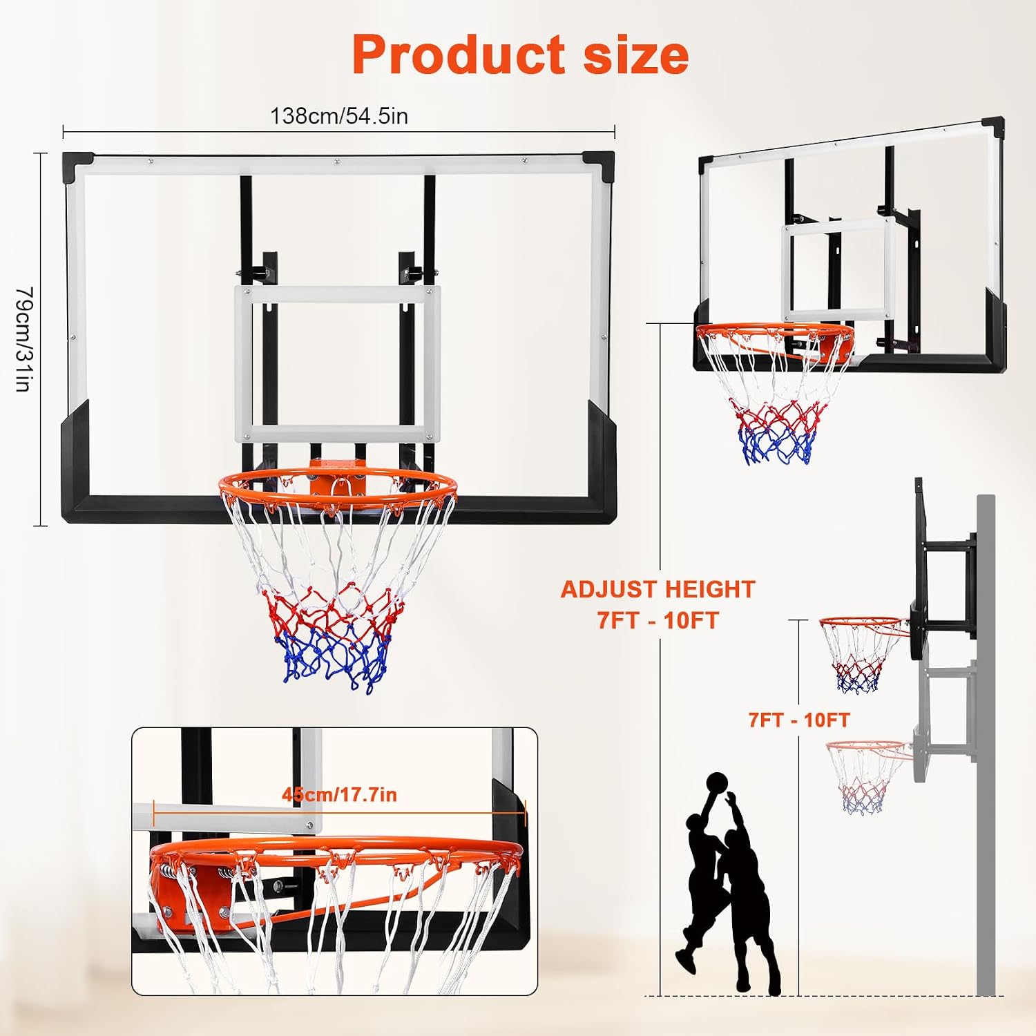 54.5" Wall Mounted Basketball Hoop, Adjustable Height Basketball Goal with Polycarbonate Backboard & Hand Crank, Indoor Outdoor Garage Basketball System for Teens Adults