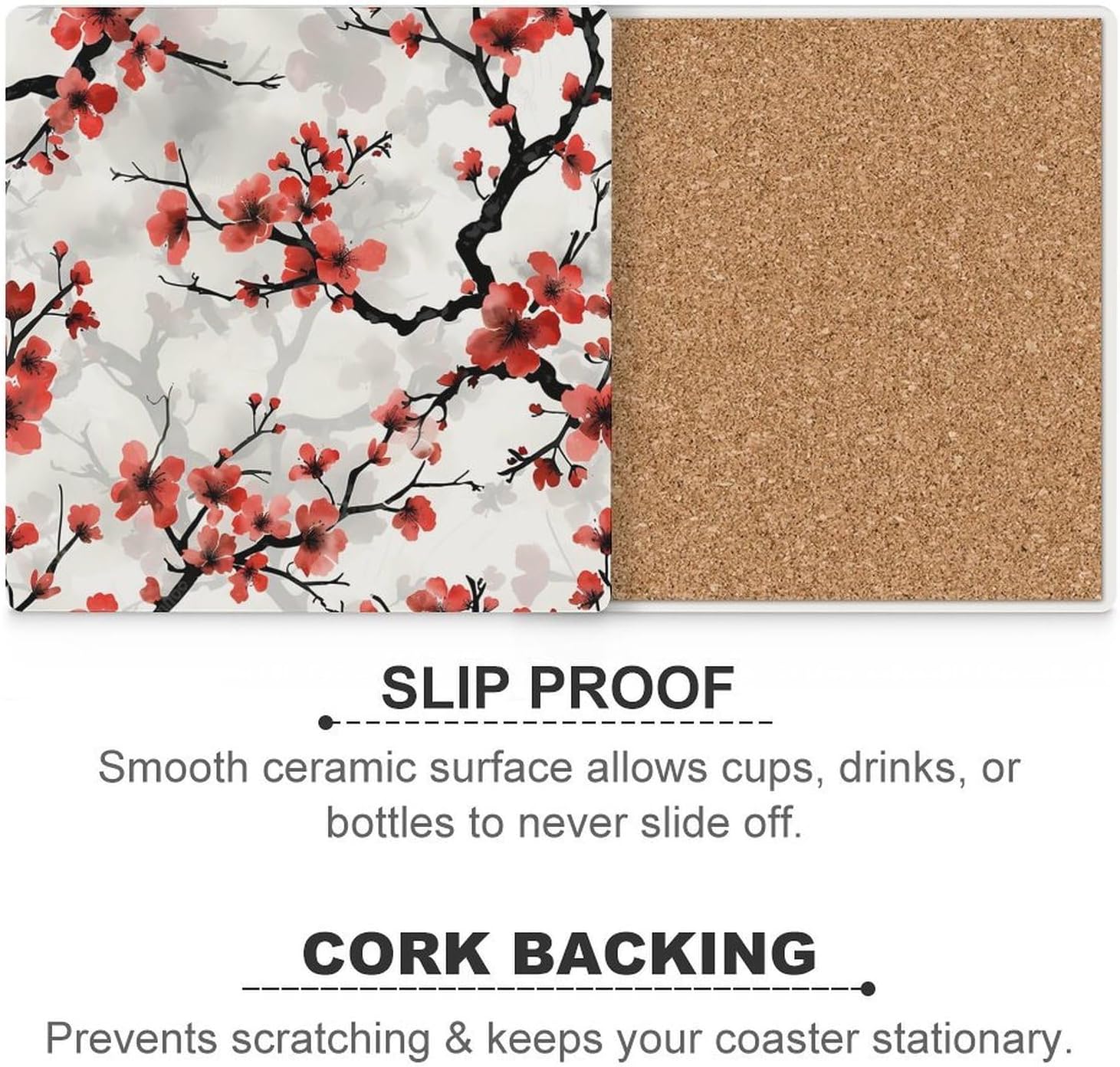 Cherryflower Coaster for Drinks Square Ceramic Table Coasters Stone Mat Crafts 4PCS Home Kitchen Decor