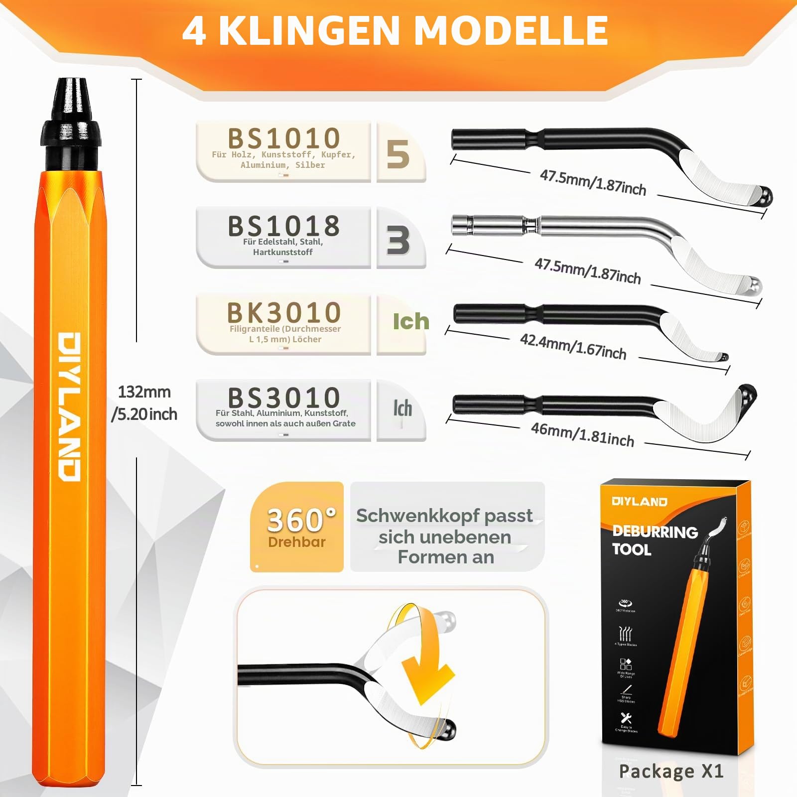 Nuangoo Entgratwerkzeug 360° Drehbar – Handentgrater Mit 20 HSS-Klingen – Für Metall, Kunststoff & 3D-Druck