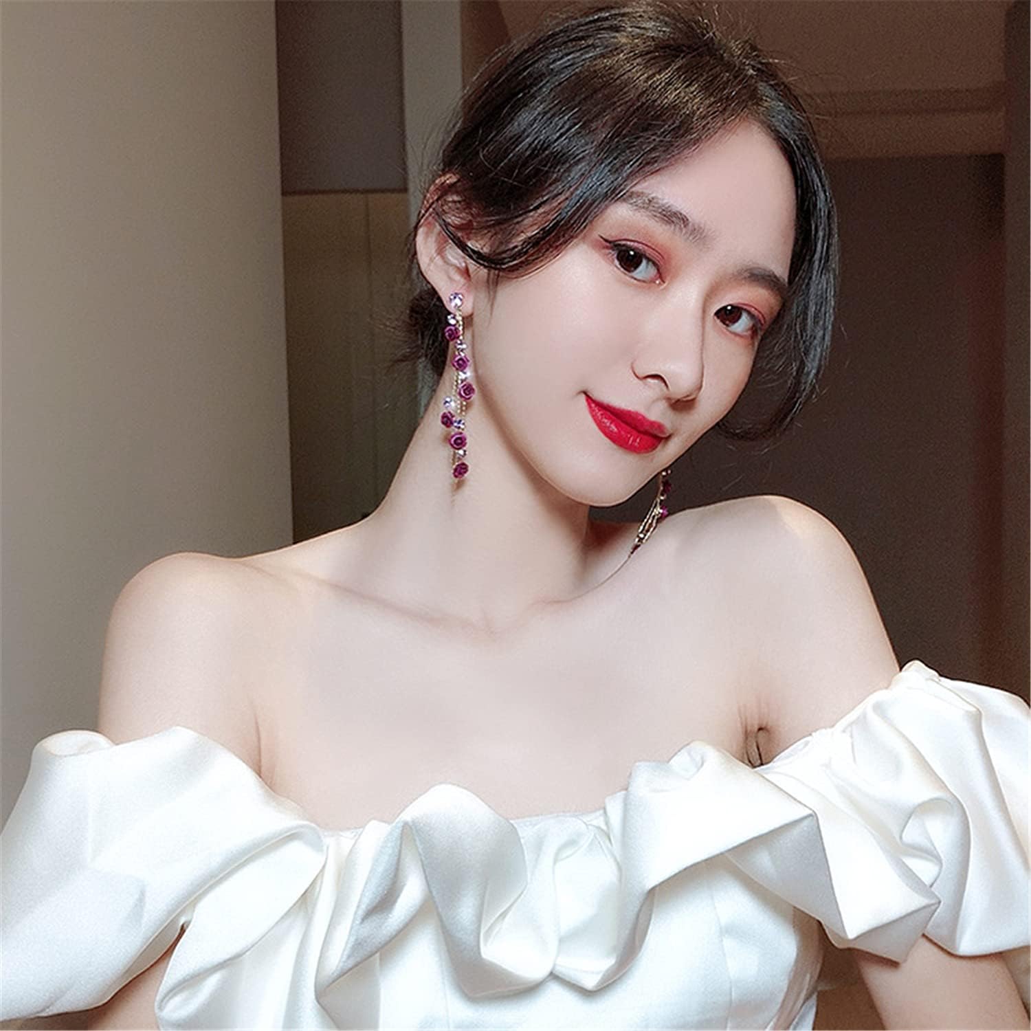 Elegant Chic Long Shine Tassel Chain Red Purple Rose Flower Dangle Drop Stud Earrings with White Sparkly Crystal for Women Statement Jewelry Gifts - Image 5