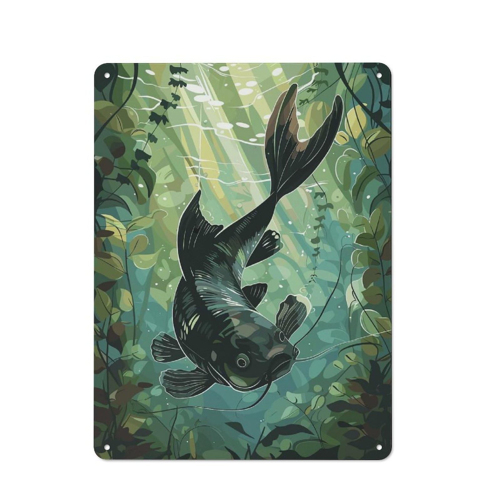 Junmoney Style-15 For Living Room Or Hallway, Black Catfish Underwater Vintage Metal Plaque 40X30cm, For Vintage Wall Decor Fans, For Metal Sign Collectors