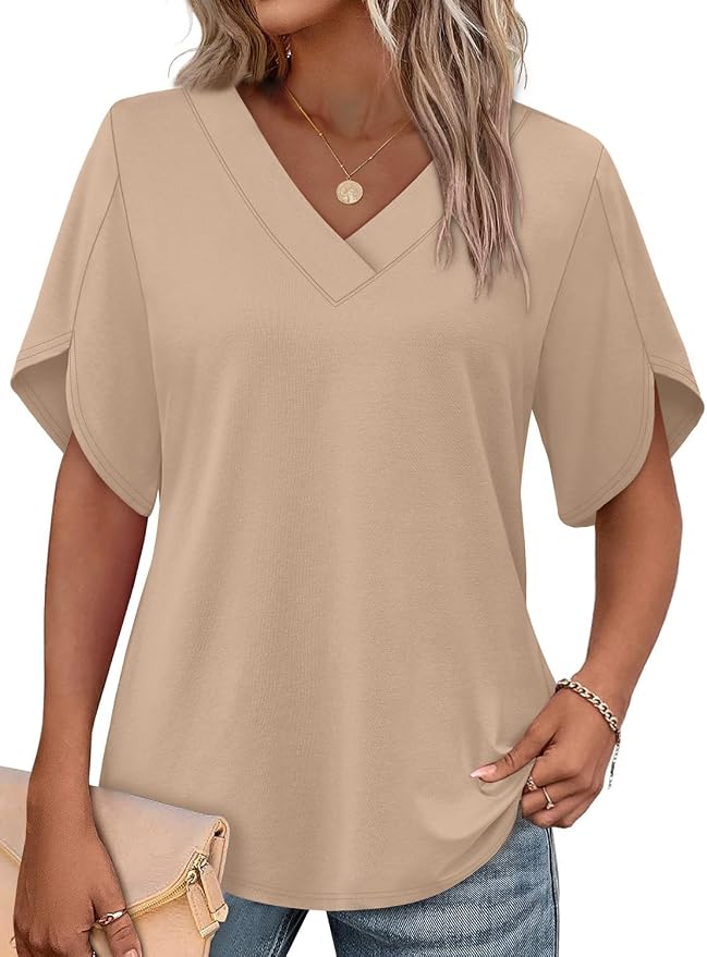 WIHOLL Womens Tops Dressy Casual Short Sleeve Shirts V Neck Fashion ...