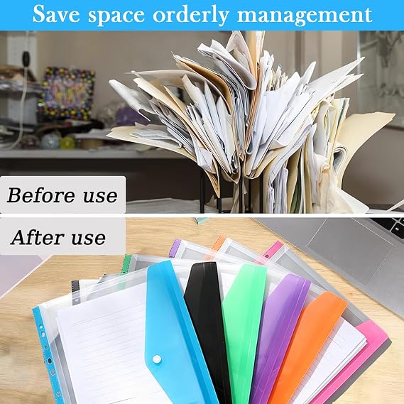 Plastic Wallets A4 Punched Pockets, 6PCS Expandable A4 Folders, Plastic Document Files with Button and Label Tab Card, 11 Holes Large Capacity Binder Poly Pockets for School Home Office (Horizontal)