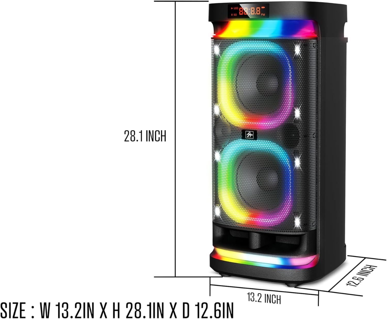 Fisher Bluetooth PA Stereo Speakers System-Karaoke Portable Wireless DJ, Dual 8" 60W PEAK Power, Loud HD Sound & LED Lights, Rechargeable, TWS, 2 MIC INPUT, Guitar Jack, FM Radio, Indoor/Outdoor Party