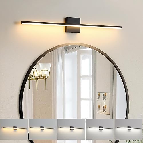 Miniatura 21 de Lámpara de tocador de baño moderna de 24 pulgadas, lámpara de baño negra de 18W sobre espejo, aplique de pared LED regulable de 5CCT para espejo del
