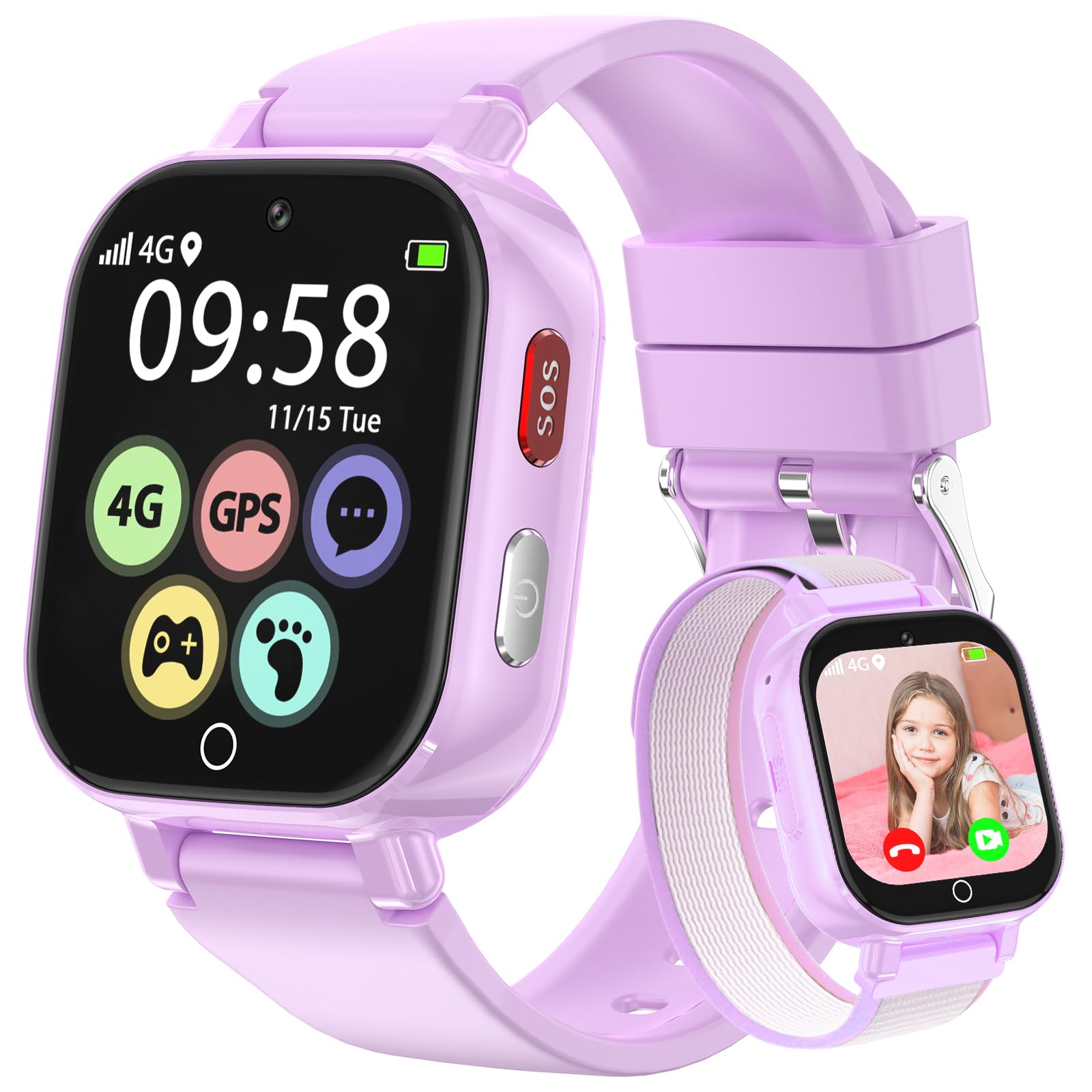 Alutoria Smartwatch Bambini-Orologio per Bambina con 4G GPS Telefono Videochiamata Chat Vocale Contapassi SOS Sveglia-Smart watch per Ragazza e Ragazzo 4-12 Anni Regalo Viola