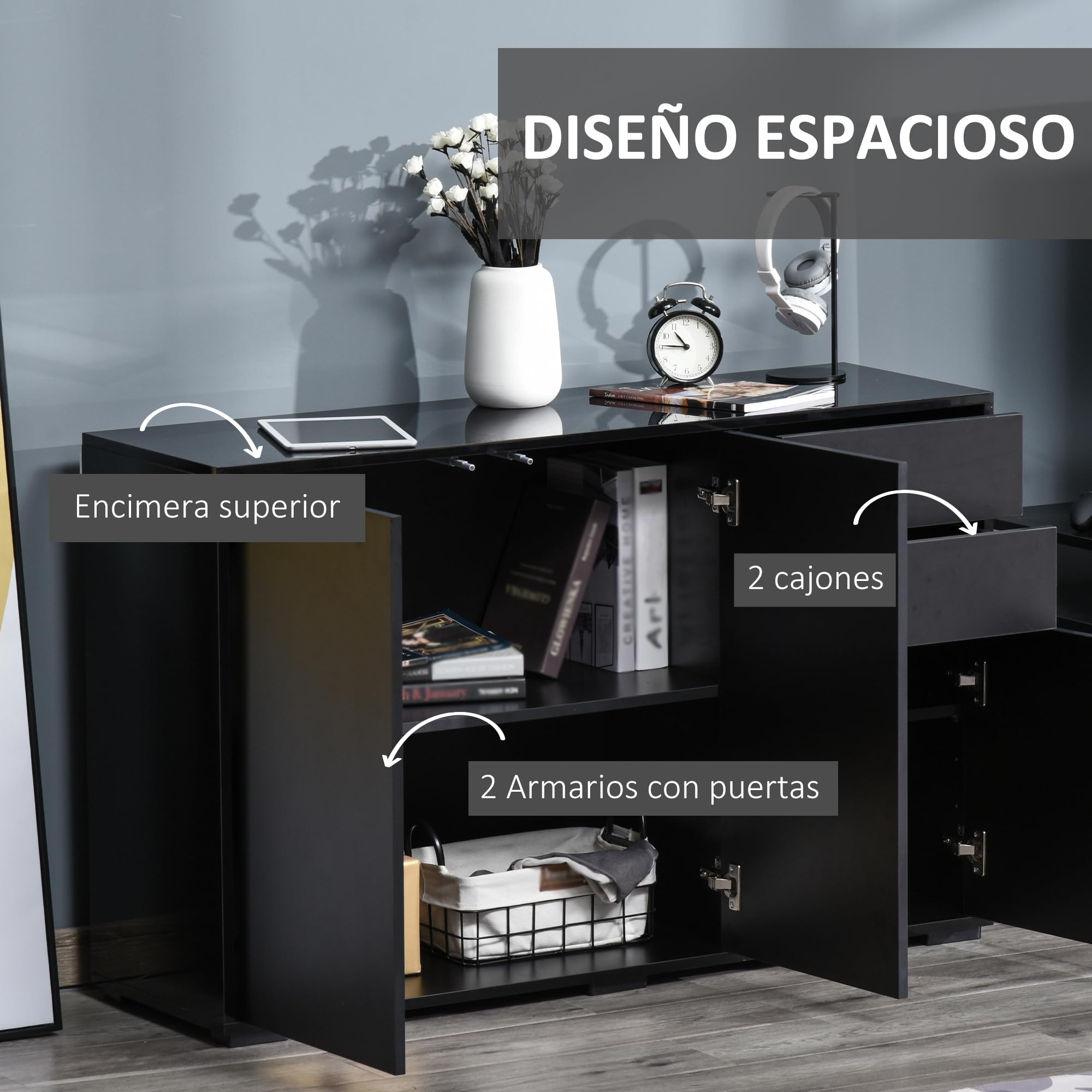HOMCOM Mobiletto Multiuso Nero con 2 Cassetti e 2 Armadietti ad Apertura a Pressione, 117x36x74cm