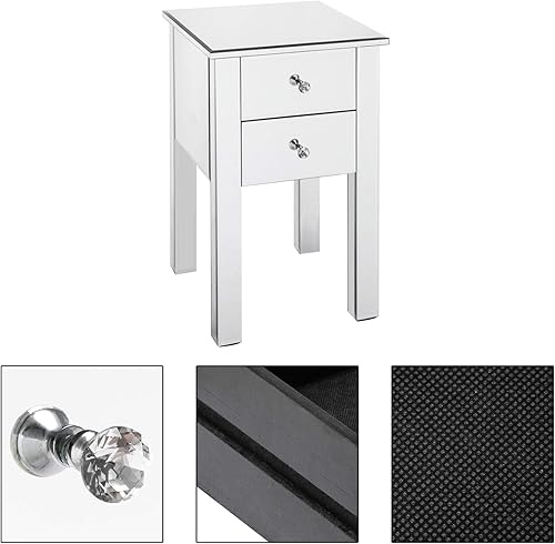 Miniatura 57 de SSLine Mesa auxiliar cuadrada con espejo con luces LED, mesita de noche con espejo, mesa auxiliar de espejo con acabado plateado para dormitorio,