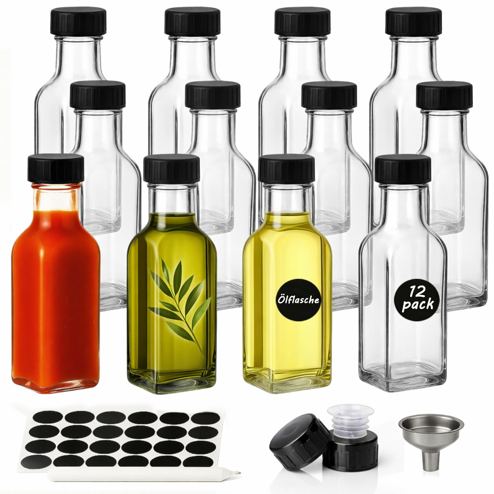 WERTIOO Ölflasche 5oz/150ml, 12 Stück Olivenöl Flasche, Ölspender Glas, Essig und Ölflaschen set Perfekt zum Aufbewahren von Saucen und Getränken Küche, Haushalt & Wohnen