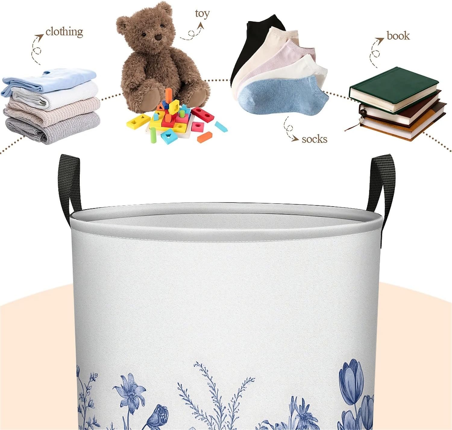Blue White Wildflower Laundry Basket, Large Foldable Clothes Bag Collapsible Storage Bin Basket For Nursery,Office,Toy Organizer,Home,Decor - 19.7 Inch X 15.7 Inch