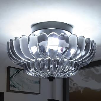 Modern Black Flush Mount Ceiling Light,Semi Flush Mount Ceiling Light Fixture,Industrial Kitchen Lighting,Electroplated Transparent Glass mid century light for Bedroom, Living Room, Hallway, Entryway