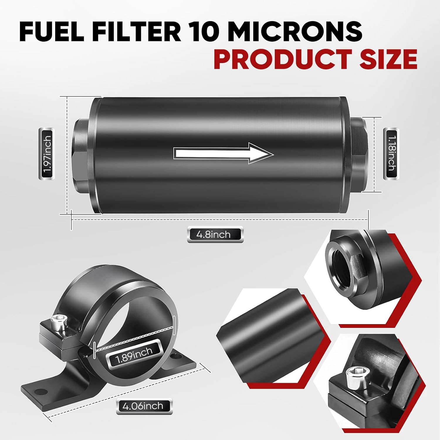 Inline Fuel Filter, 10 Microns Fuel Filter- EffectivelyFilters Gasoline & Diesel-Equipped with 6AN 8AN 10ANAdapter and 50MM Universal Bracket Clamp