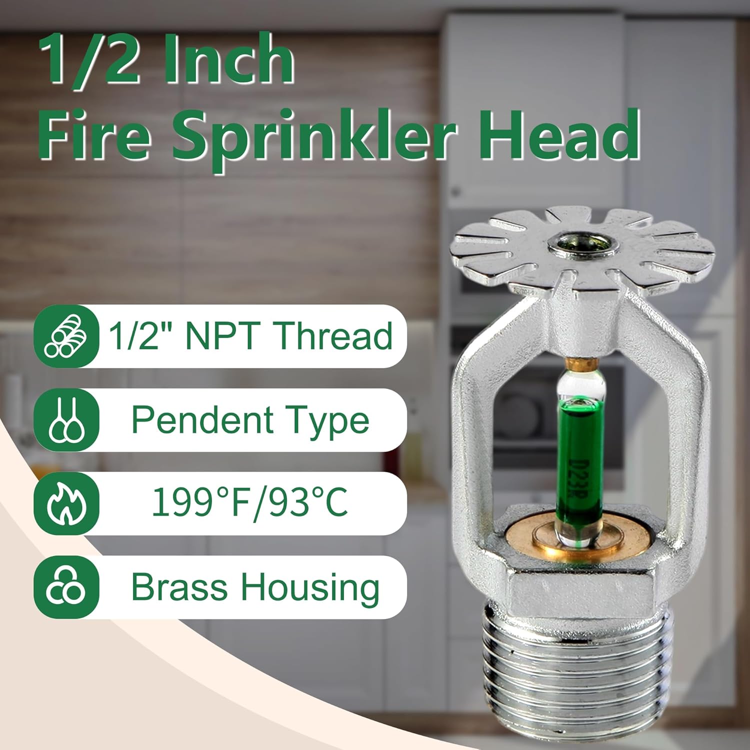 5pc Fire Sprinkler Head, 93℃/199 Degree Quick Response Pendent Fire Sprinklers 1/2 Inch Green High Temperature 1/2 NPT Thread for Residential Kitchen Boiler Room