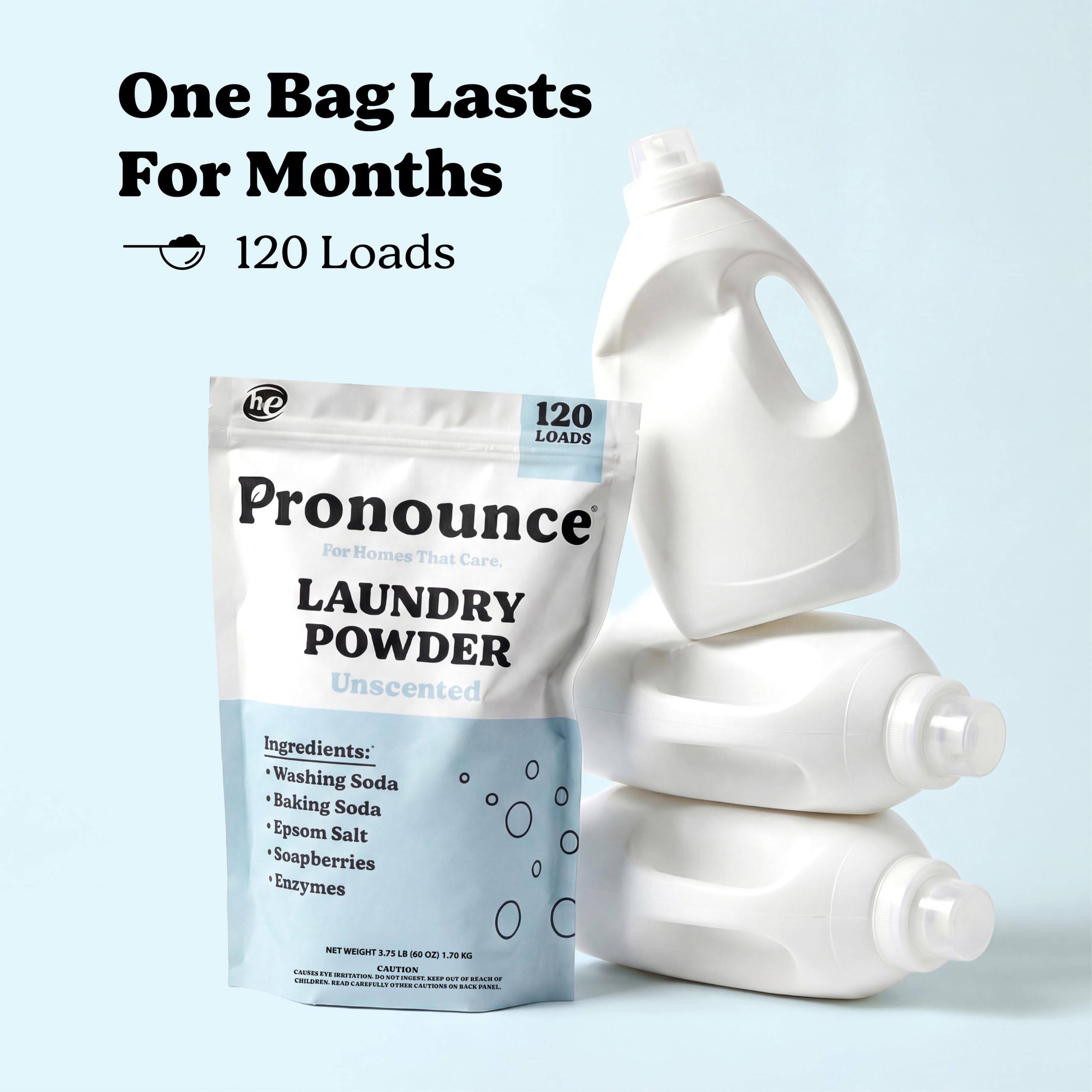 Pronounce Alternativa al detergente en polvo para ropa | Ingredientes derivados de la tierra, ecológico, más seguro para pieles sensibles, eccema y bebés. Combate las manchas y los olores. HE Safe