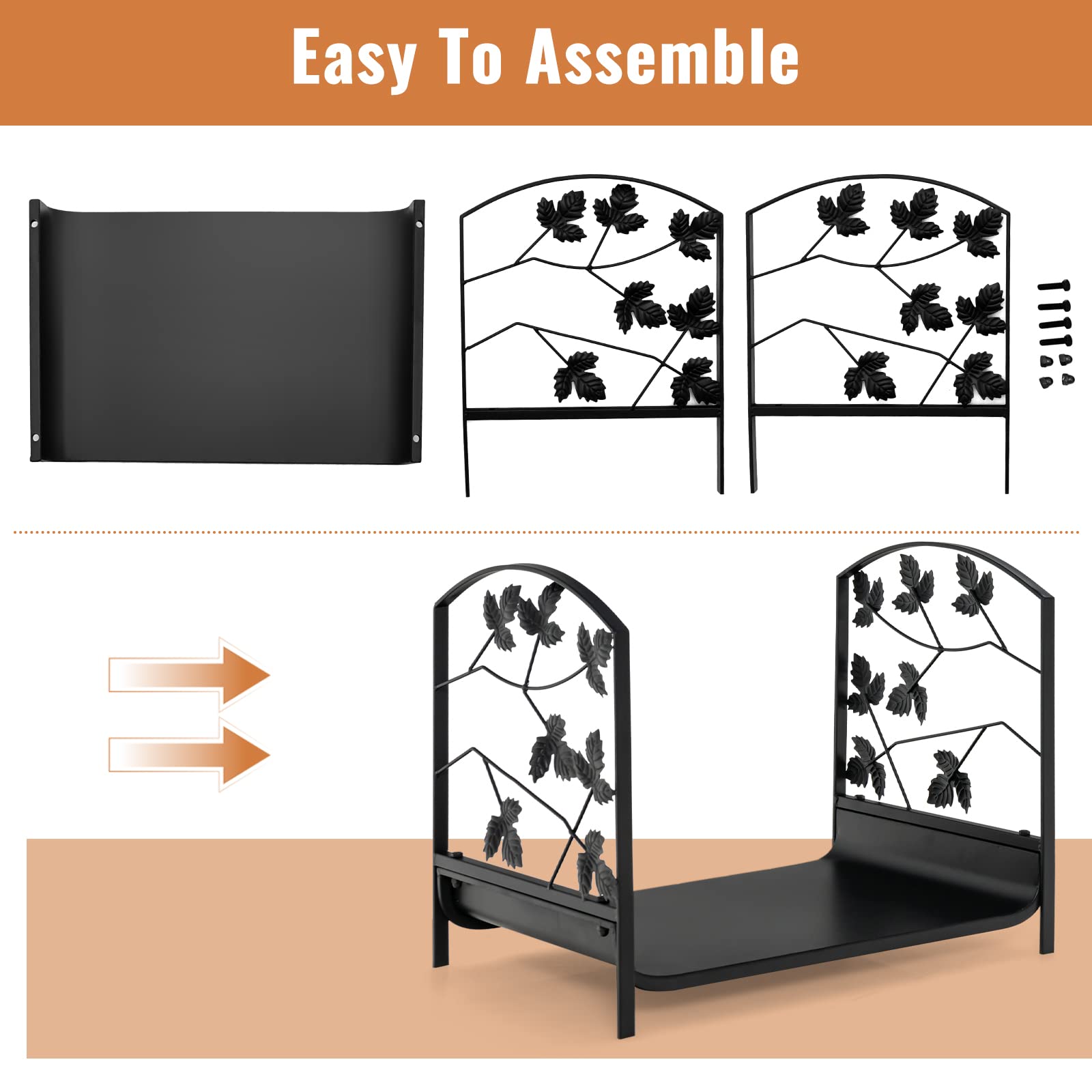 GOPLUS Estante para Leña, Soporte para Leña de Acero de 41 cm, Apilador de Leña con Capacidad de Carga de 50 kg, Apto para Estufa, Brasero, Uso Interior y Exterior (Hojas)