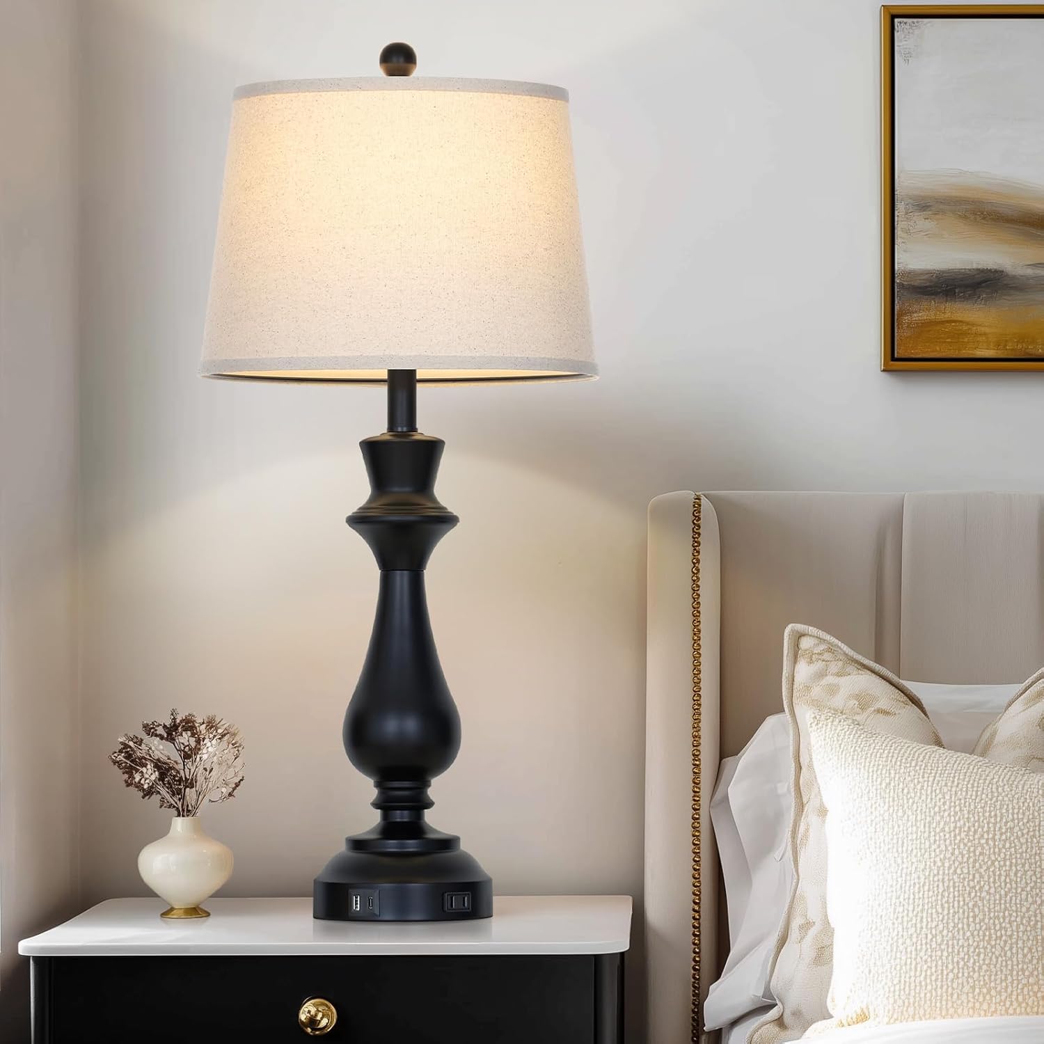 Modern Black Table Lamp for Living Room,30" Tall Bedside Lamp with USB Charging Port,3-Way Dimmable Touch Nightstand Lamp for Bedroom Desk Side Table Office,Black-1P