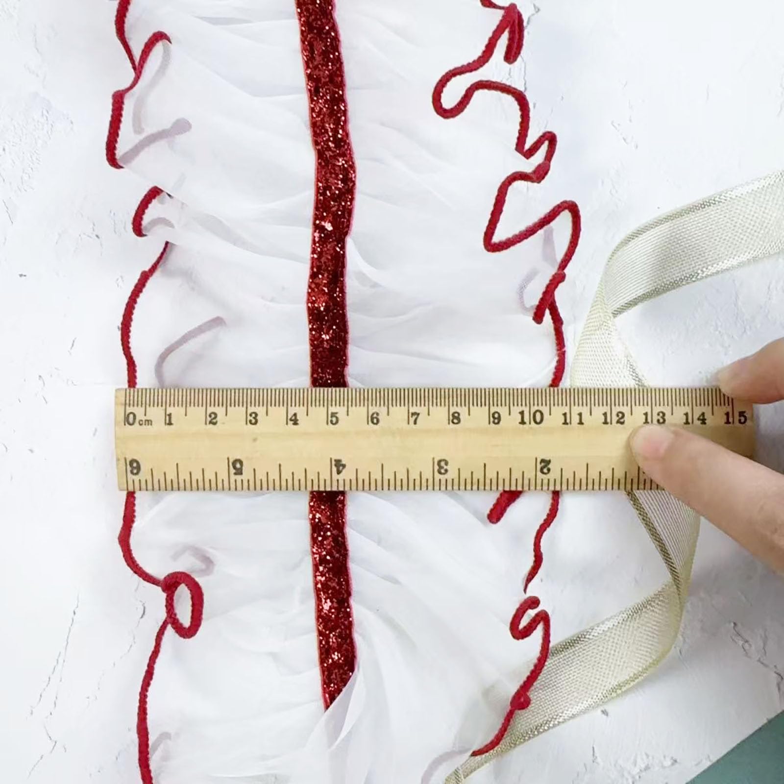 5 Yards 10cm Spitzenband Gerafftes Rüschen, Organza Rüschen Plissee Borte, Spitzenborte Weiß Zum Nähe, Mit Rot Ränder, Glitzer, Spitzenbesatz, für DIY Kleidung Hochzeit Scrapbooking