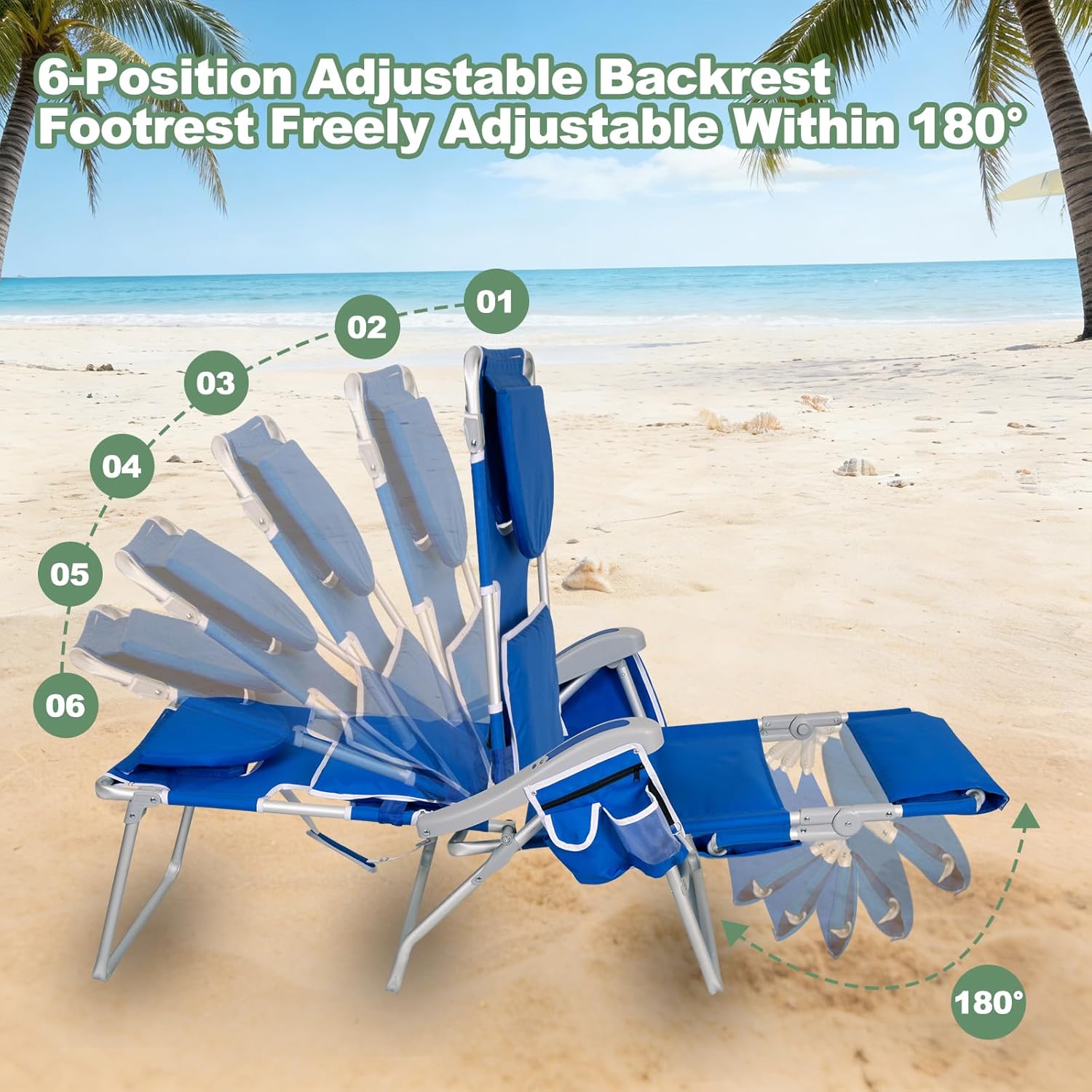 Romswi 3 in 1 Beach Chair with Face Hole, Reclining Sun Tanning Lounge Chair with Foot Rest, Cooler Bag & Cup Holder for Outdoor,Royal Blue