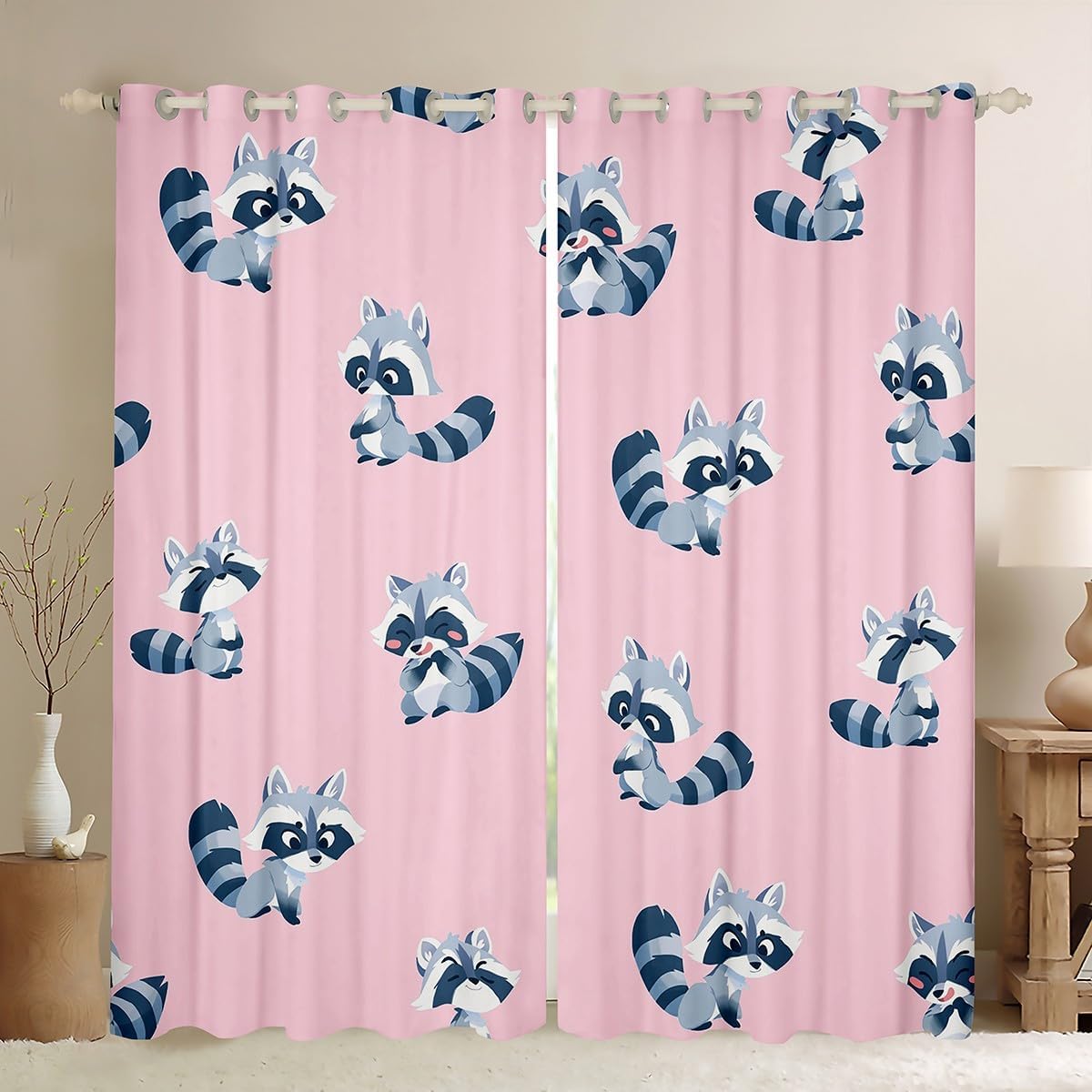 Feelyou Raccoon Curtains for Bedroom Living Room (2 Panels, 42 x 90 Inch) Kawaii Room Darkening Blackout Curtain Cute Darkening Drapes Animal Window Treatments Pink