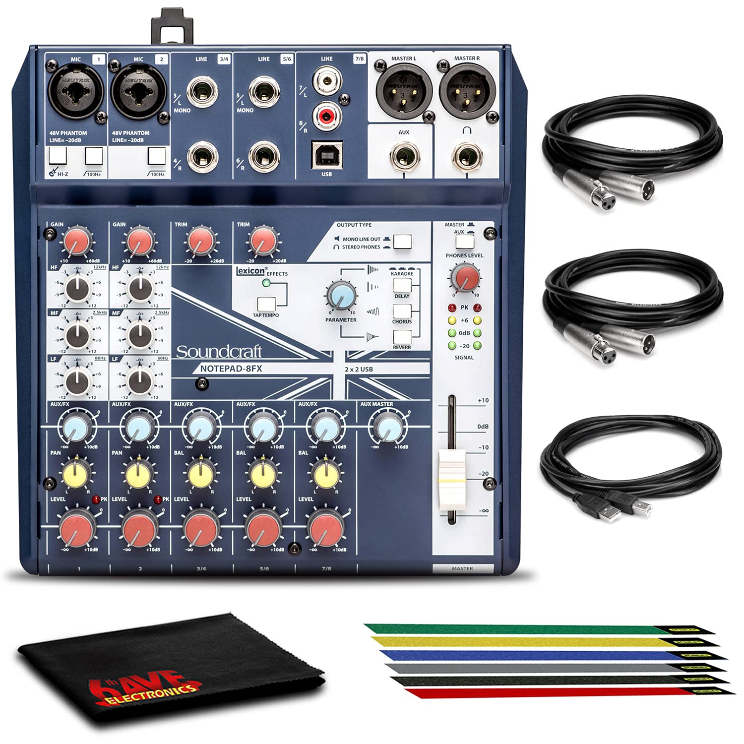 Soundcraft Notepad-8FX Mixing Console with USB I/O and Lexicon Effects Bundle Includes Two 10Ft XLR