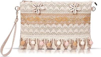QTKJ Crossbody Bag for Women, Cotton Clutch Purses, Bohemian Handmade Woven Handbags, Tassels Seashells Summer Beach Bag, Envelope Wallet