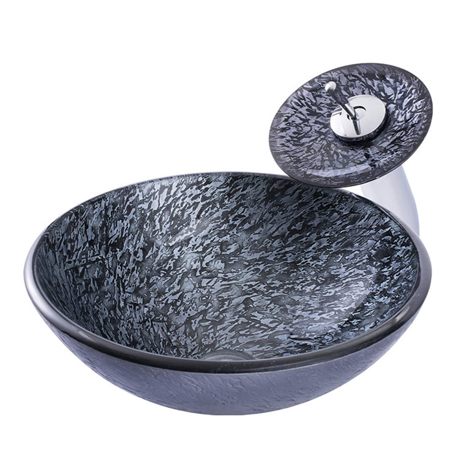ASerZenith Bathroom Vessel Sink, Tempered Glass Artistic Bathroom Vanity Sinks With Waterfall Faucet With Pop Up Drain