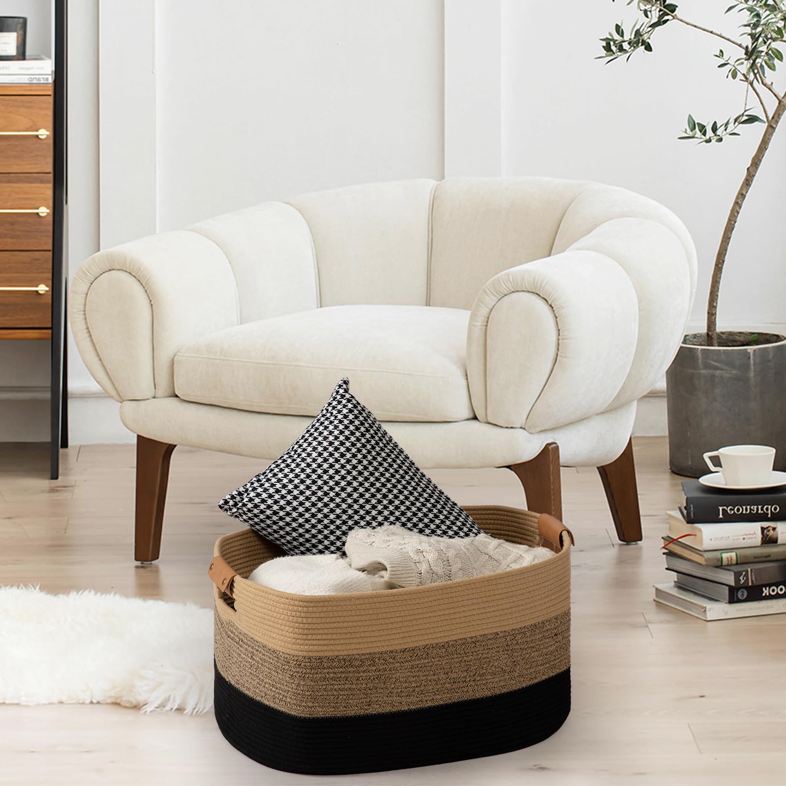 danpinera Large Blanket Basket for Living Room,72 L Rectangle Toy Storage Basket for Nursery Room Woven Rope Storage Box with Leather Handle - Image 2