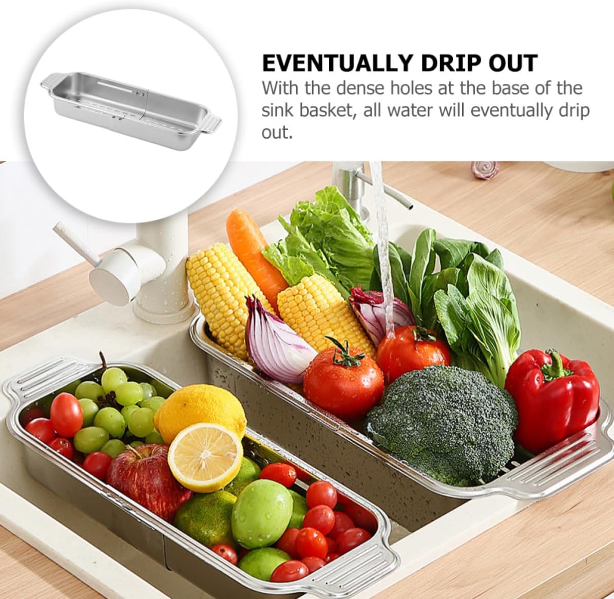 Stainless Steel Sink Colander Basket with Hanging Hook for Kitchen Use, Expandable Drain Basket for Fruits and Vegetables, Sturdy Kitchen Gadget for Efficient Draining and Storage