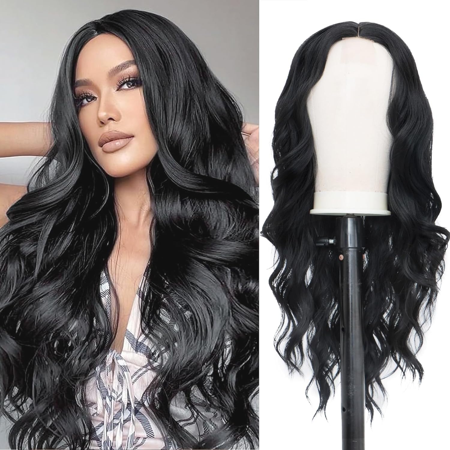 HAIR WALA™ Curly Wavy Wigs for Women 26 Inch Long Curly Synthetic Wigs Middle Part Black Color Hair Wigs Loose Wavy Wigs Heat Resistant+ 02 Wig Cap Free (Black)