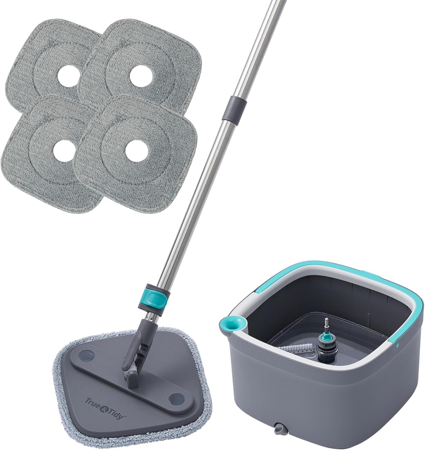 True & Tidy Spin Mop and Bucket System with 4 Machine-Washable Microfiber Mop Pads, Dual Compartment Mop Bucket, Separates Clean and Dirty Water