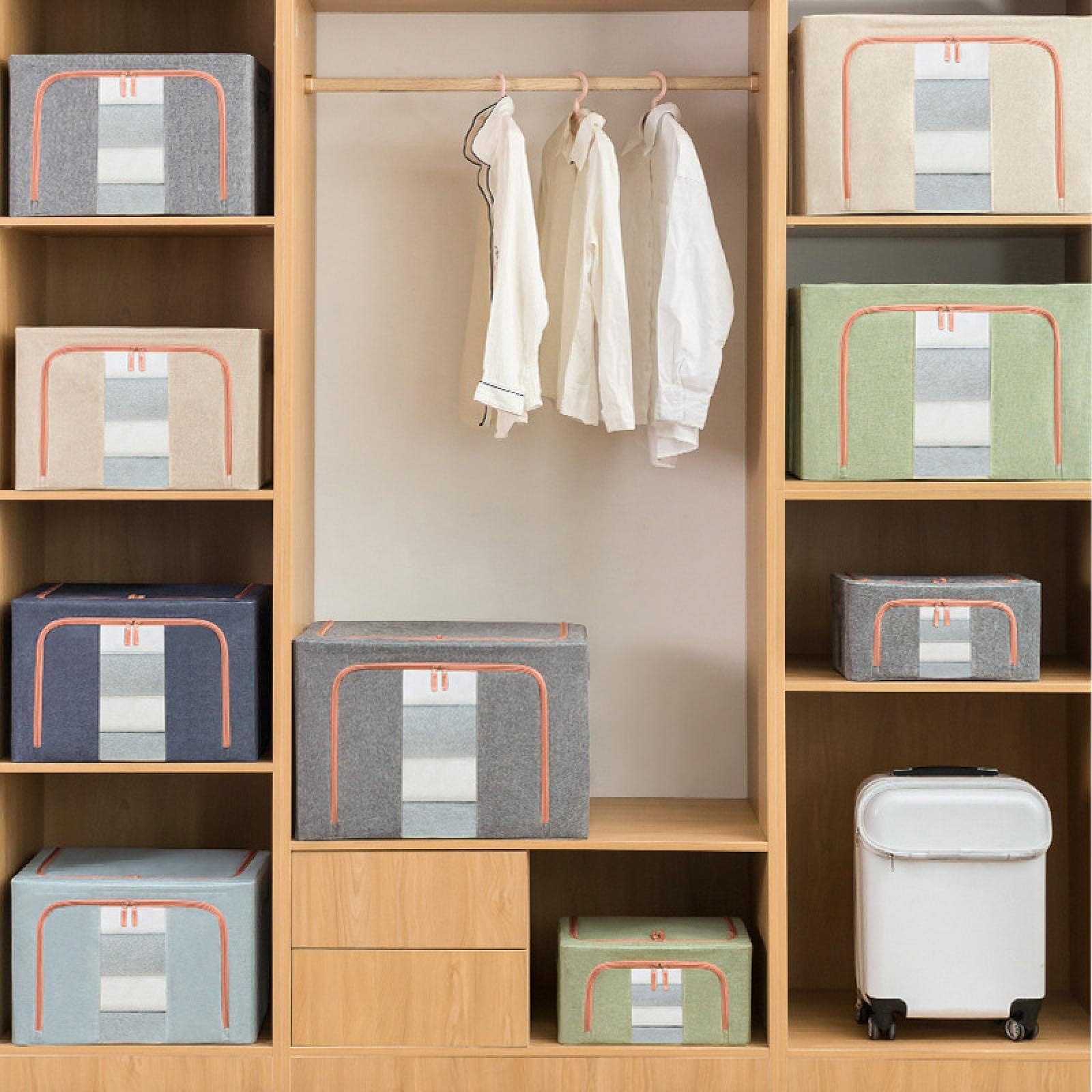 Debrymn 3Pcs 24L Grey Fabric Clothes Storage Bins with Metal Frame, Foldable, Stackable, Transparent Windows, Zippers, Durable Handles - Image 4