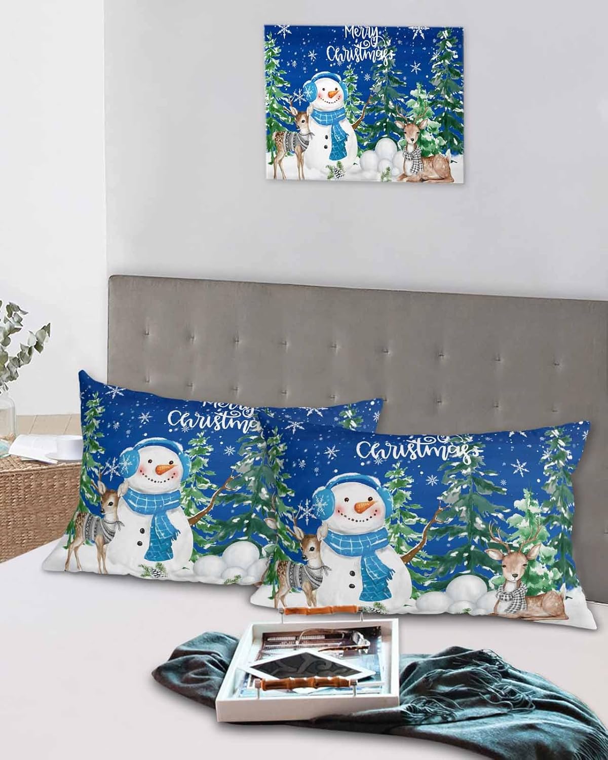 DecorLovee Green Christmas Tree Pillow Cases Standard Size Set of 2 - Microfiber Bed Throw Pillow Covers, Green Golden Xmas Tree Snowflake Lumbar Pillow Cover with Envelope Closure for Sofa 20"x26"