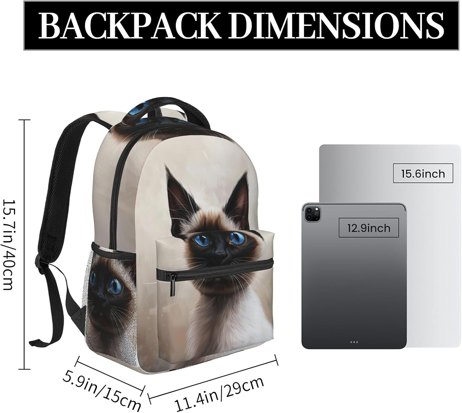 Siamese Cat Backpack, Travel Backpacks Laptop Rucksack for Women, School Bookbag for Kids Girls Boys Teens, Cute Kitty Back Pack Accessories Bag for Work, Ideal Gifts for Cat Lovers