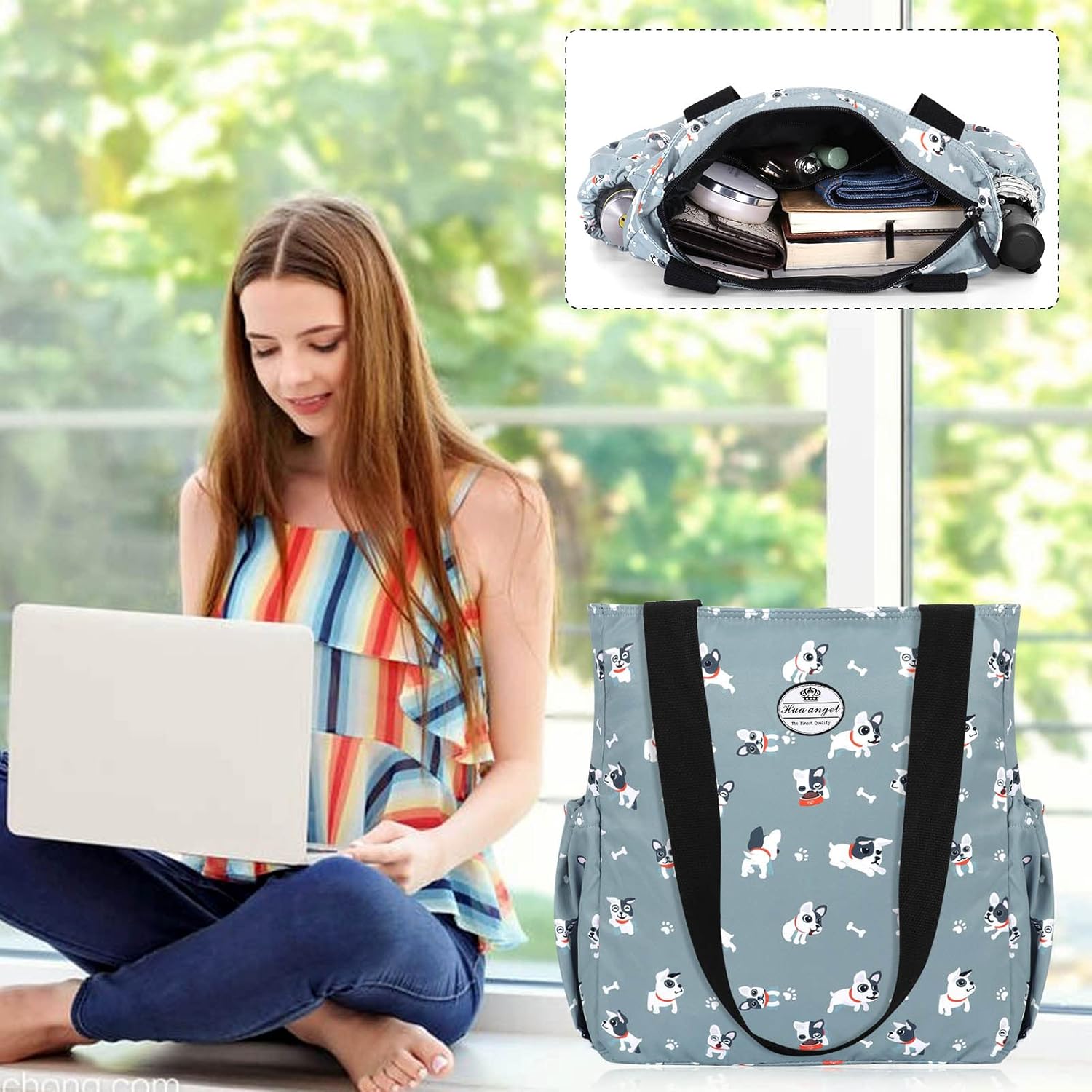 HUA ANGEL Floral Tote Bag - Casual Shoulder Bag Daily Tote Bag with Zipper Gym Travel Shopping Work Handbag for Women - Image 2