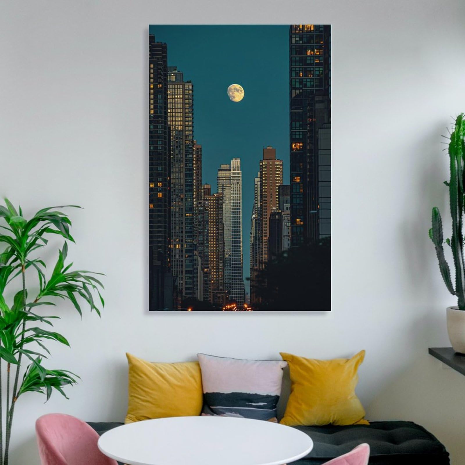 Amazon.co.jp: 絵画 満月の下の高層ビル群インテリア 絵画 魅力的な