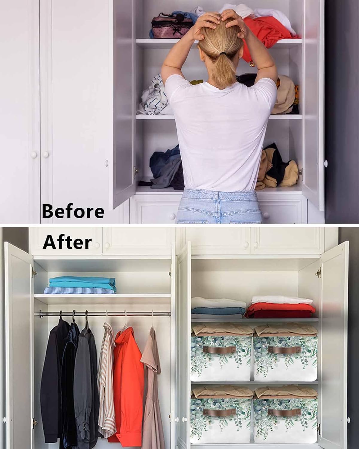 Storage Basket Sage Green Eucalyptus Large Foldable Storage Bins with Handles Watercolor Leaves Waterproof Fabric Laundry Baskets for Organizing Shelves Closet Toy Gifts Bedroom Home Decor