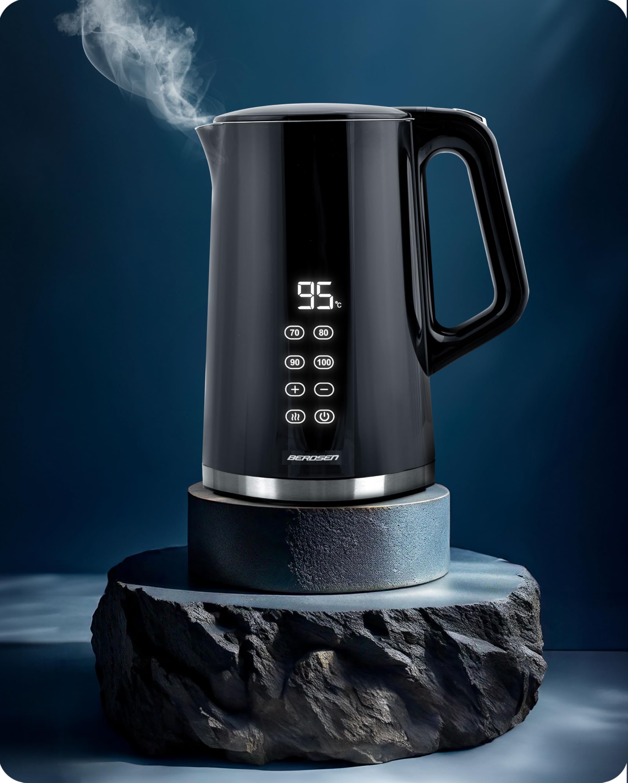 Berdsen Bollitore elettrico – 1,7 L – con regolazione della temperatura – Indicatore digitale della temperatura a LED – Protezione contro il funzionamento a secco – Base a 360° – Nero