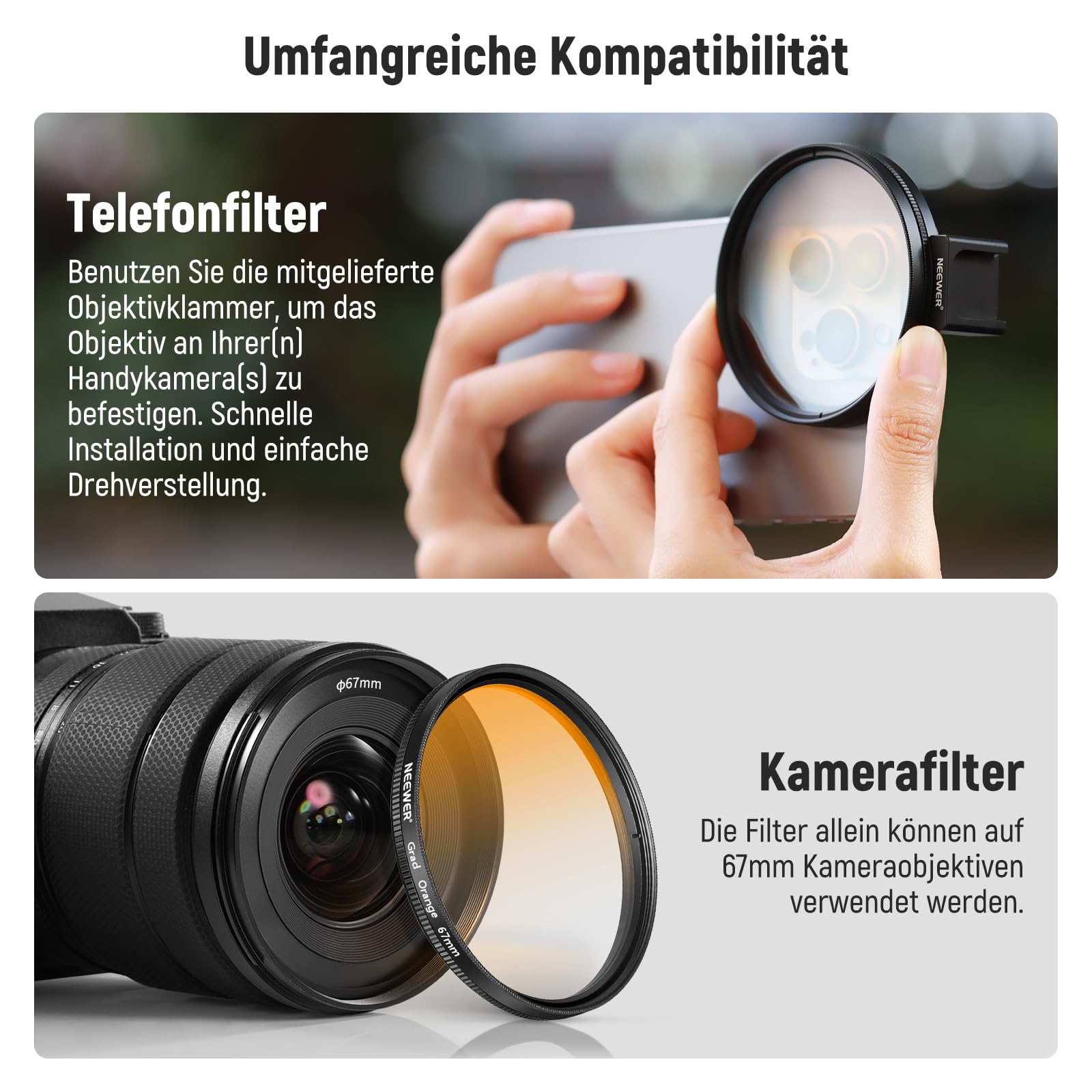 NEEWER 67mm ND Filter Kit für phones mit Cold Shoe Objektivclip, CPL/ND32/6 Punkt Stern/4 abgestuften Farbfiltern, kompatibel mit iPhone 17, 16, 16e, 15, Android, Samsung Galaxy S25 Ultra, S24