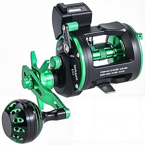 Sougayilang Line Counter Trolling Reel Graphite Body Fishing Reel Durable Stainless-Steel and Brass Gears, Powerful Carbon Disc Drag