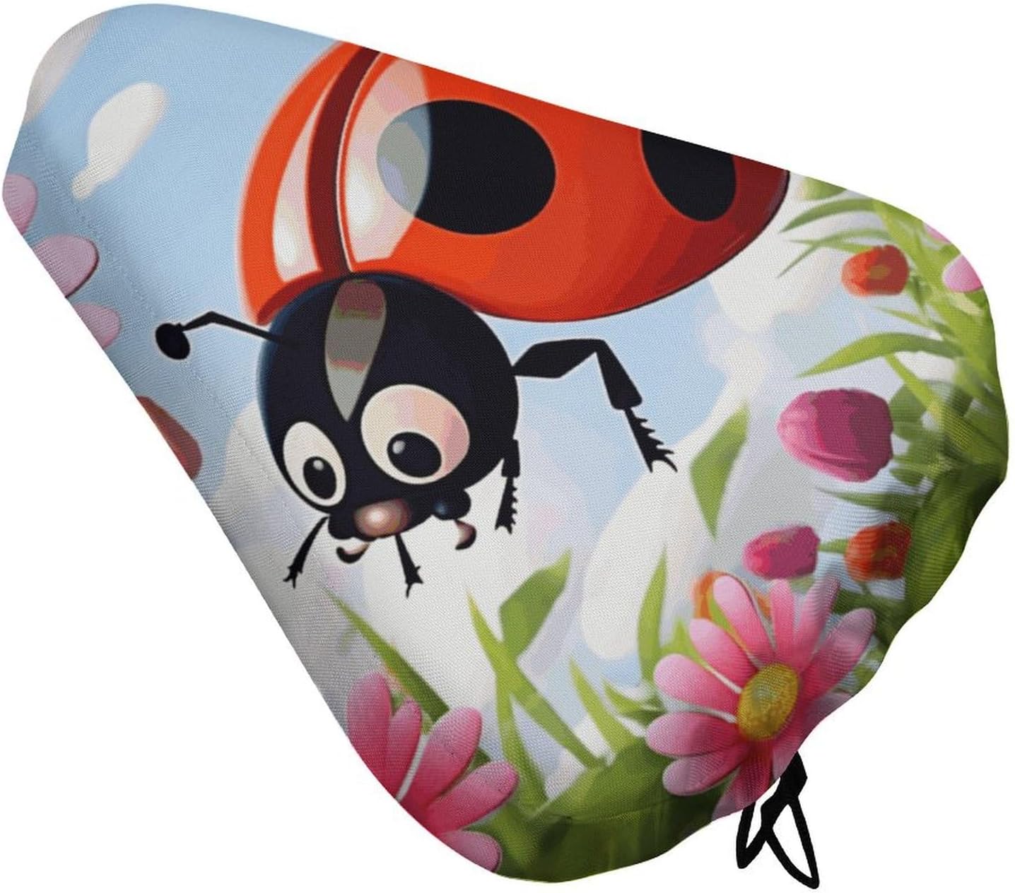Cartoon Ladybug Flower Bike Seat Cover for Men Women Water Repellent Exercise Bike Seat Cushion Adjustable Bicycle Seat for Outdoor Biking