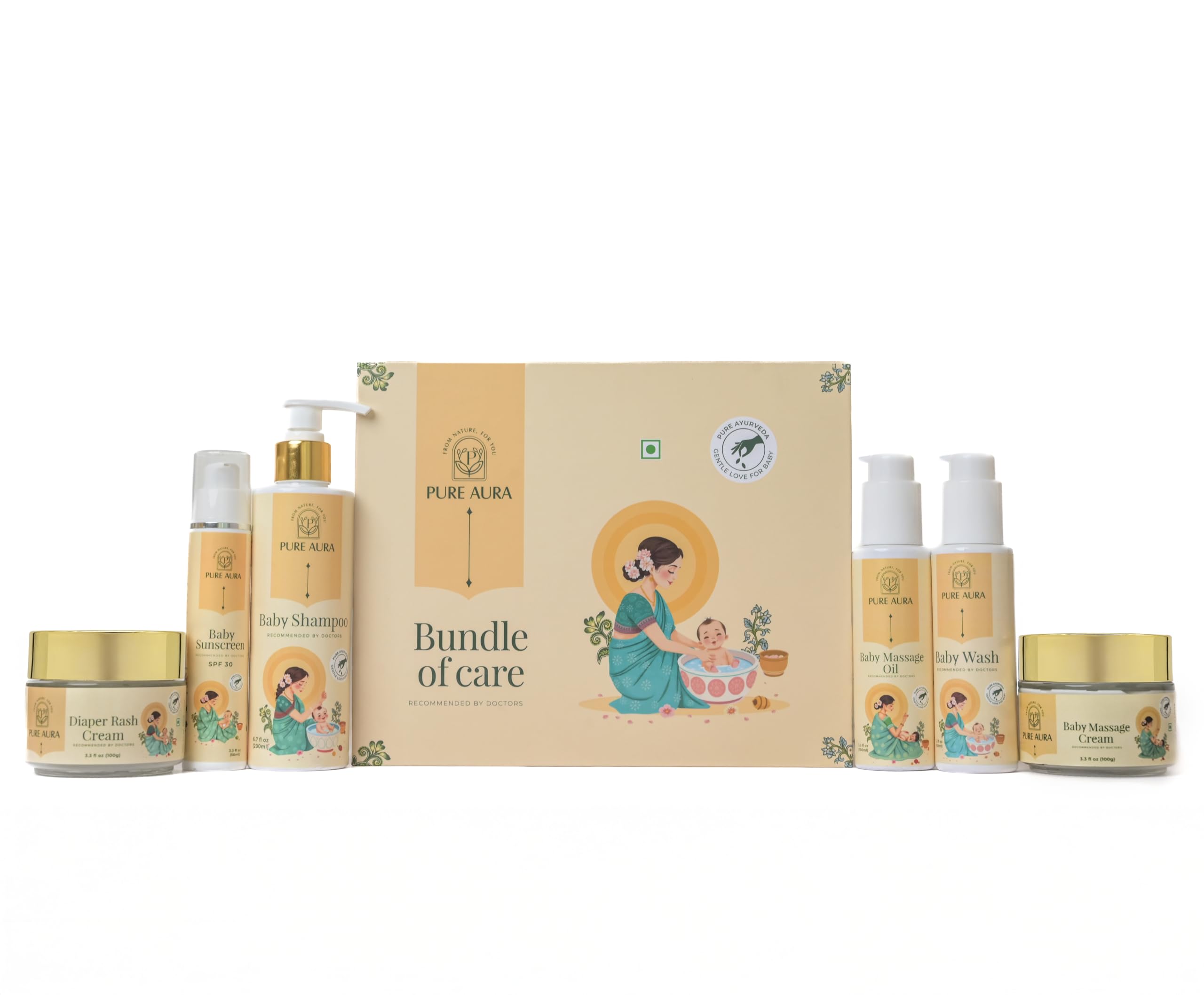 Pure Aura Baby’s 6-Month Skincare Kit | Ayurvedic Shampoo, Wash, Lotion, Sunscreen, Face Cream & Massage Oil | Complete Daily Care for Newborns & Toddlers