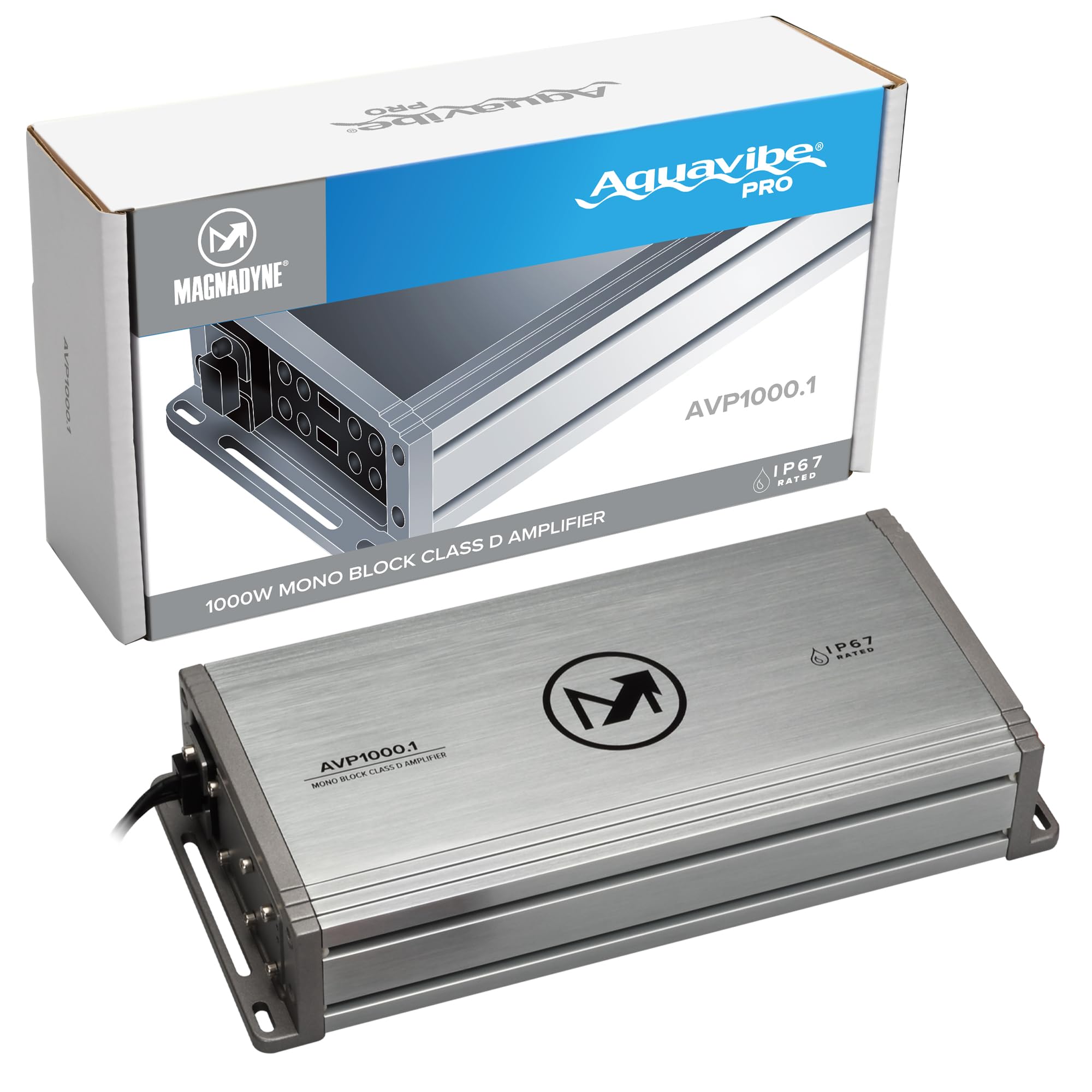Magnadyne Aquavibe Pro AVP1000.1 Mono-Channel Marine Amplifier, 1000W RMS Class-D, IP67 Waterproof, Compact High-Performance Subwoofer Amp for Boat,