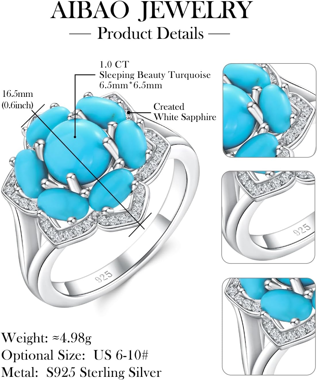 AIBAO Turquoise/Lapis Lazuli/Malachite/Pearl Rings for Women Sterling Silver Six-leaf Clover and Flower Gemstone Engagement Ring Size 6 to 10 Anniversary Valentines Christmas Gift